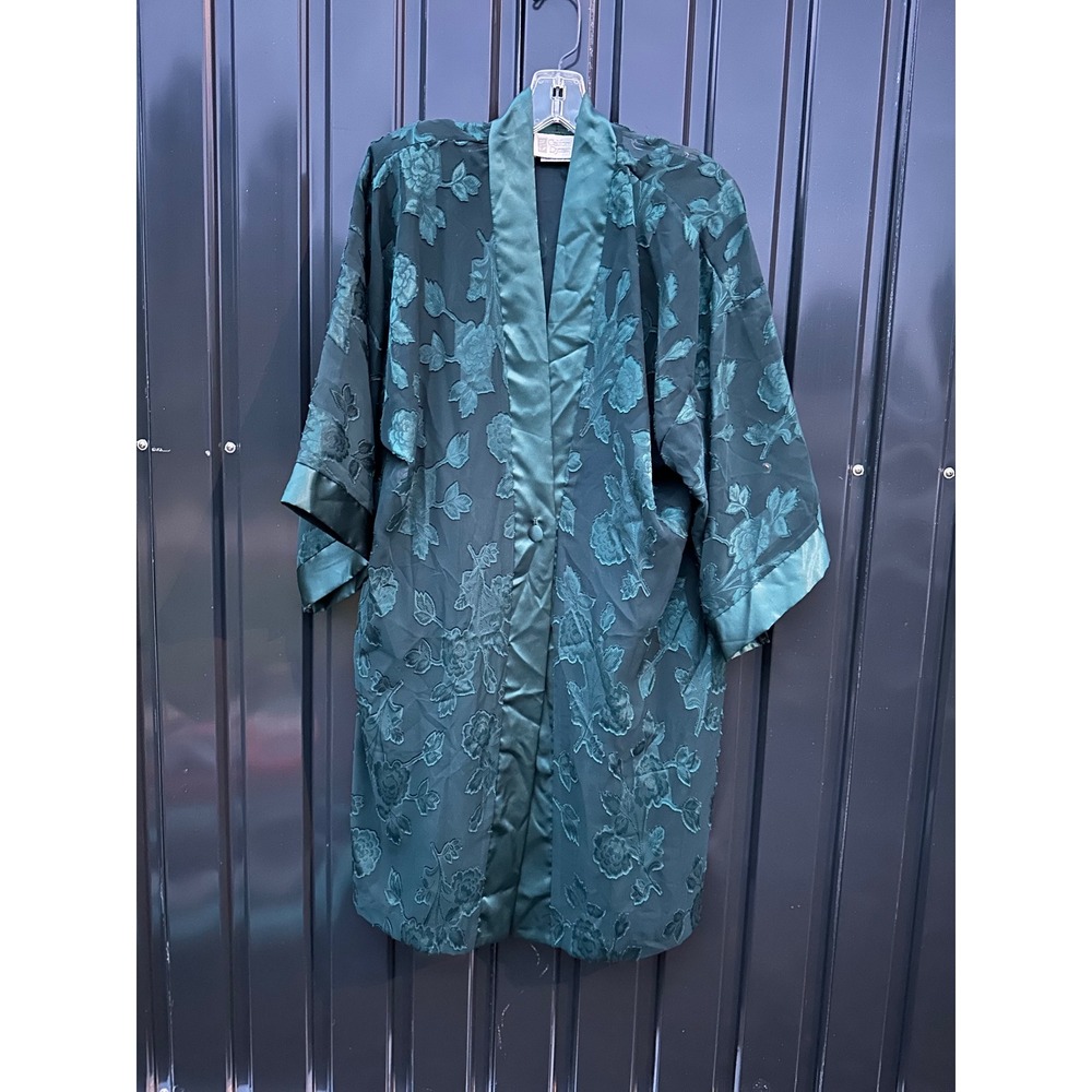 California Dynasty Vintage Emerald Green Floral Burnout Robe and Slip Set Large